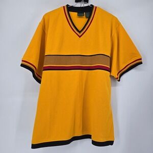 Vintage Scandia Woods Knit V Neck Shirt Mens Medium Yellow Mustard Striped 90s
